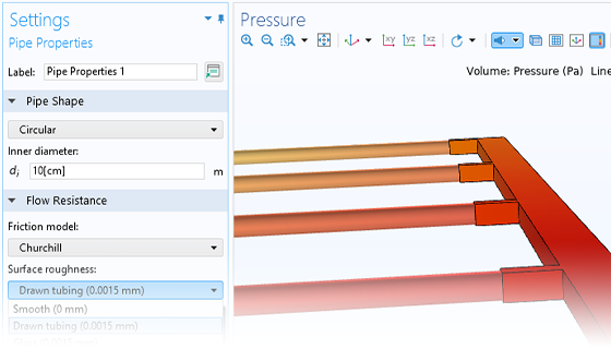 A close-up view of the Pipe Properties settings and a heat exchanger model in the Graphics window.
