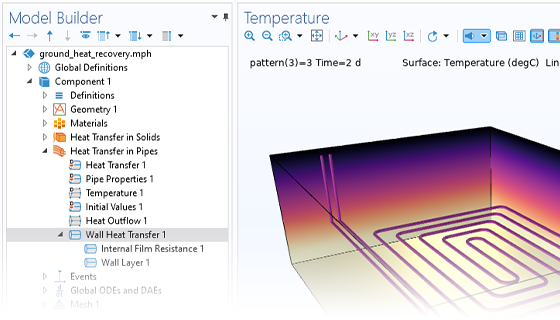 Vista in primo piano del Model Builder con il nodo Wall Heat Transfer evidenziato e un sistema geotermico nella finestra Graphics.