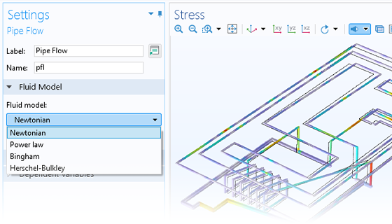 A close-up view of the Pipe Flow settings and a pipeline system model in the Graphics window.