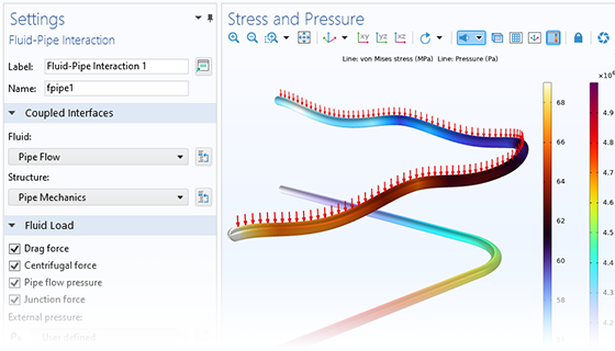 A close-up view of the Fluid-Pipe Interaction settings and a pipe network model in the Graphics window.