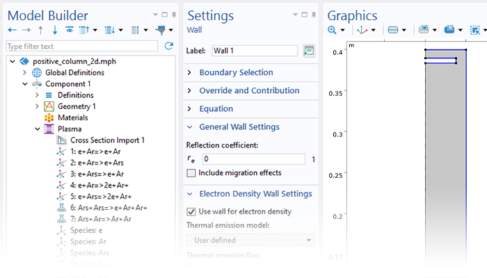 A close-up view of the Model Builder with the Wall node highlighted and the corresponding Settings window.