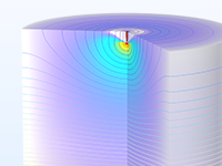 A close-up view of a 3D corona discharge model showing the negative ion density.