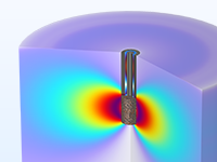 Detailansicht eines ECR-Plasmaquellenmodells mit Darstellung der Temperatur.