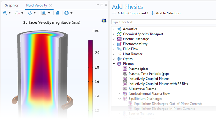 Vista in primo piano della finestra Add Physics con il nodo Equilibrium Inductively Coupled Plasma evidenziato e un modello di torcia ICP nella finestra Graphics.