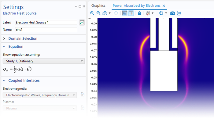 A close-up view of the Electron Heat Source settings and a microwave plasma source model in the Graphics window.