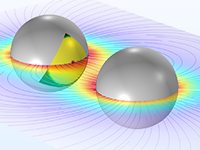 A close-up view of two spheres showing the electric breakdown.