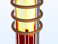 ICP 等离子体炬模型的特写视图，其中显示温度。