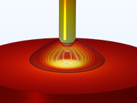 Vista in primo piano di un modello di arco di plasma DC che mostra la temperatura.