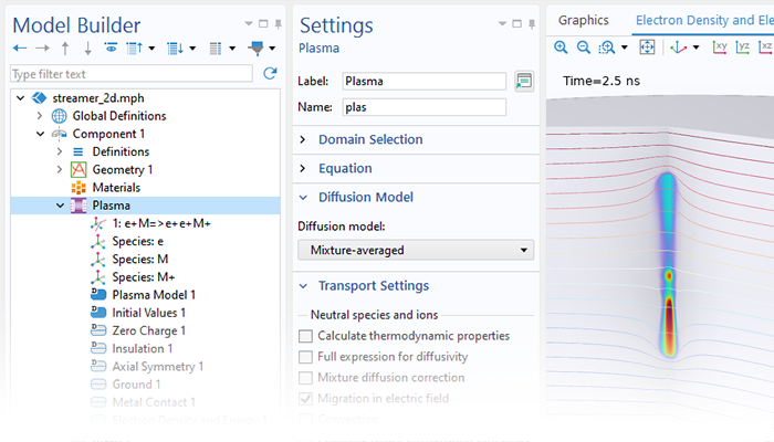 A close-up view of the Model Builder with the Plasma node highlighted and the corresponding Settings window.