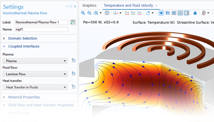 The COMSOL Multiphysics UI showing the Model Builder with the Nonisothermal Plasma Flow node highlighted, the corresponding Settings window, and an ICP model in the Graphics window