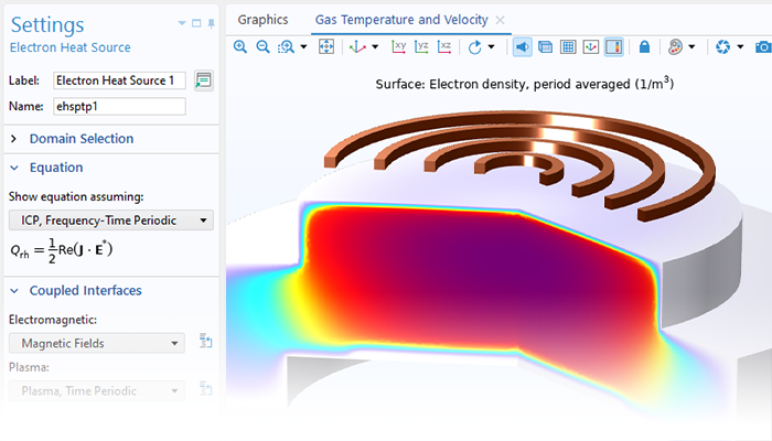 A close-up view of the Electron Heat Source settings and an ICP model in the Graphics window.