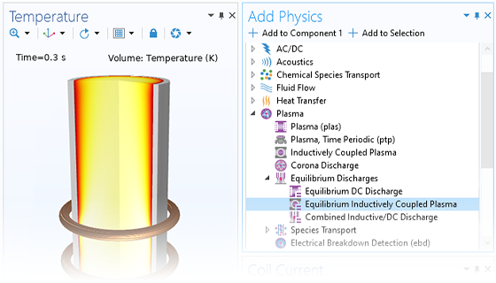 A close-up view of the Add Physics window with the Equilibrium Inductively Coupled Plasma node highlighted and an ICP torch model in the Graphics window.