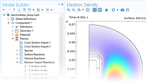 Скриншот интерфейса мастера создания моделей, на котором показаны настройки узла Electron Impact Reaction и результаты расчёта модели безэлектродной лампы.