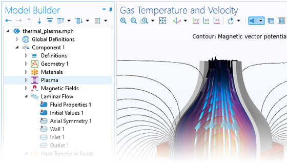 Скриншот Мастера разработки моделей, выделен узел Heat Source и показаны результаты расчета неизотермических процессов в неравновесной плазме.