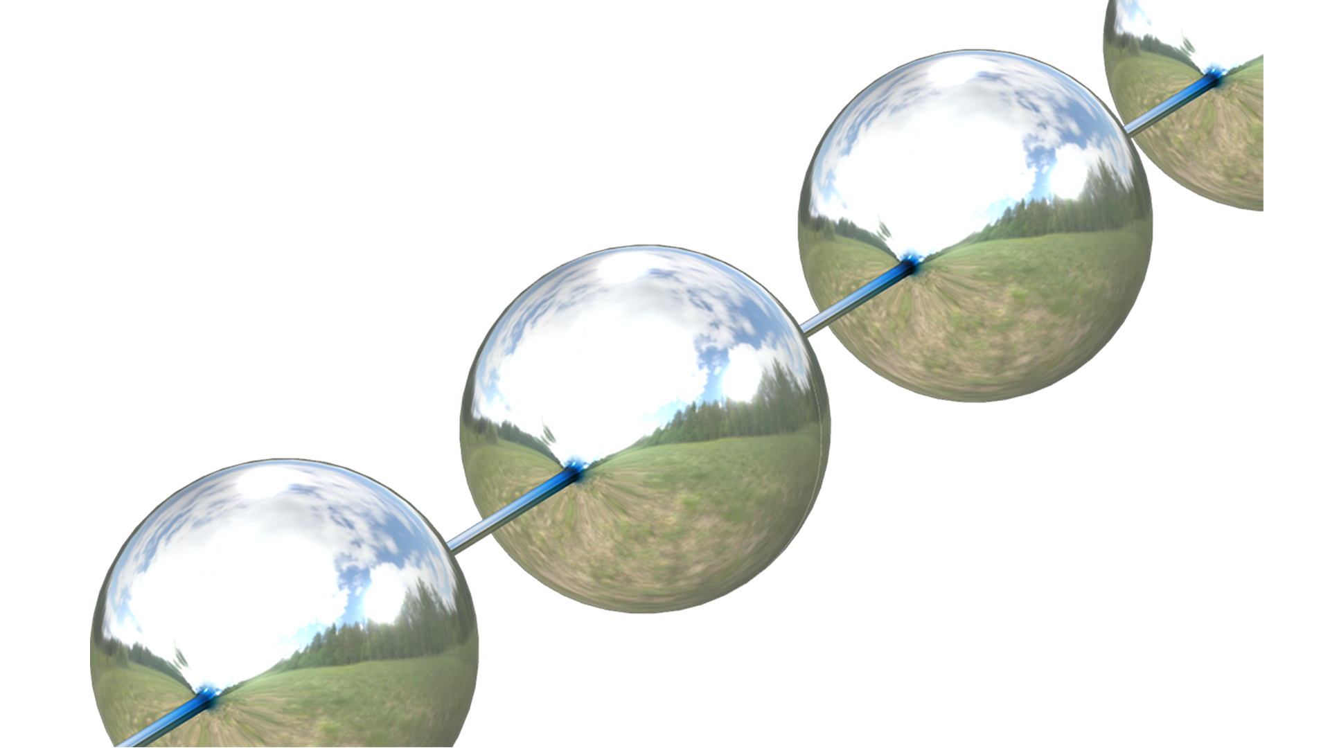 Ausschnitt eines Perlenketten-Modells mit zwei vollständigen und zwei teilweise sichtbaren Perlen, alle mit metallischem Glanz und einer Spiegelung, die Himmel, Bäume und ein Feld zeigt.