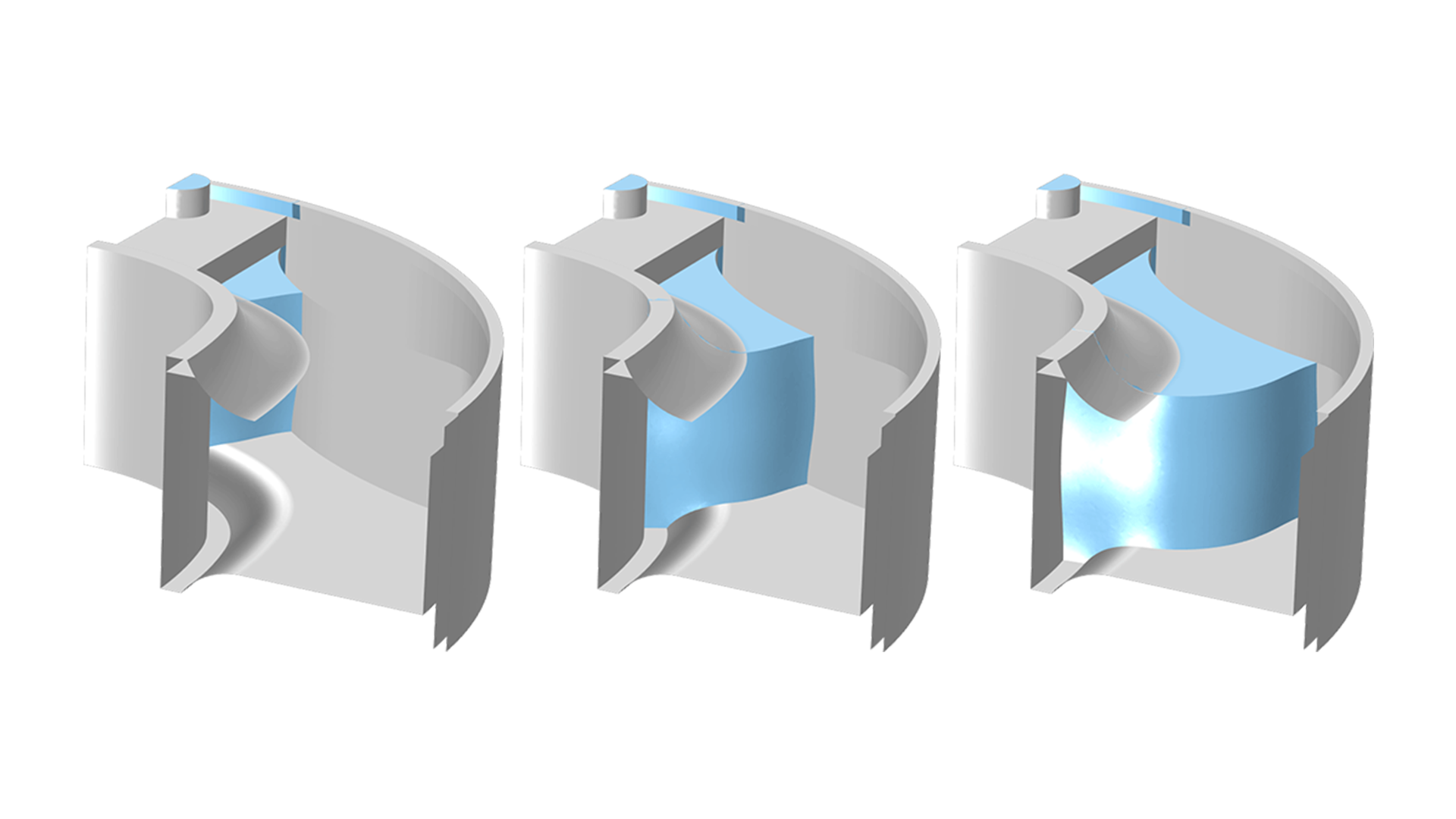 Показаны три момента времени в процессе заполнения модели литьевой формы (показана серым цветом) 
 расплавом резины (голубой цвет).