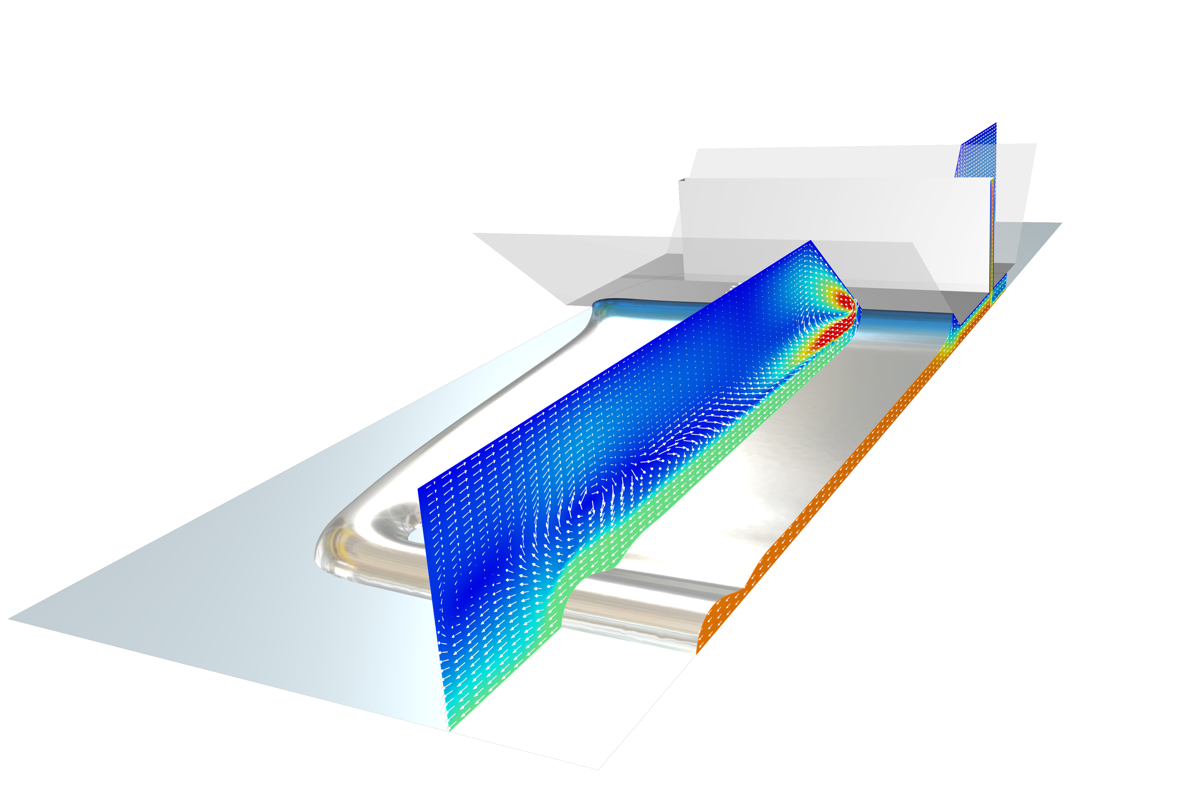 Modello del processo di rivestimento di uno stampo a fessura in grigio metallizzato con un grafico a sezioni in scala arcobaleno.