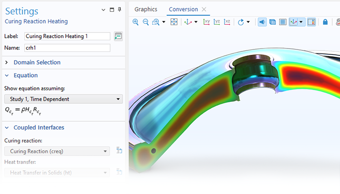 A close-up view of the Curing Reaction Heating settings and a basin model in the Graphics window.