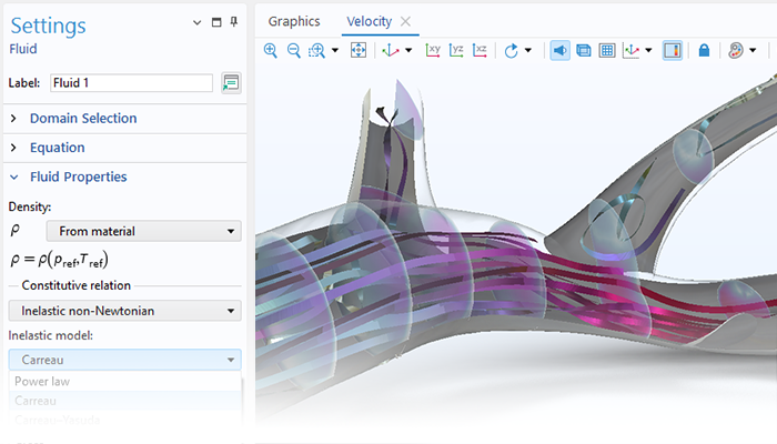 A close-up view of the Model Builder with the Porous Medium node highlighted and an artery model in the Graphics window.