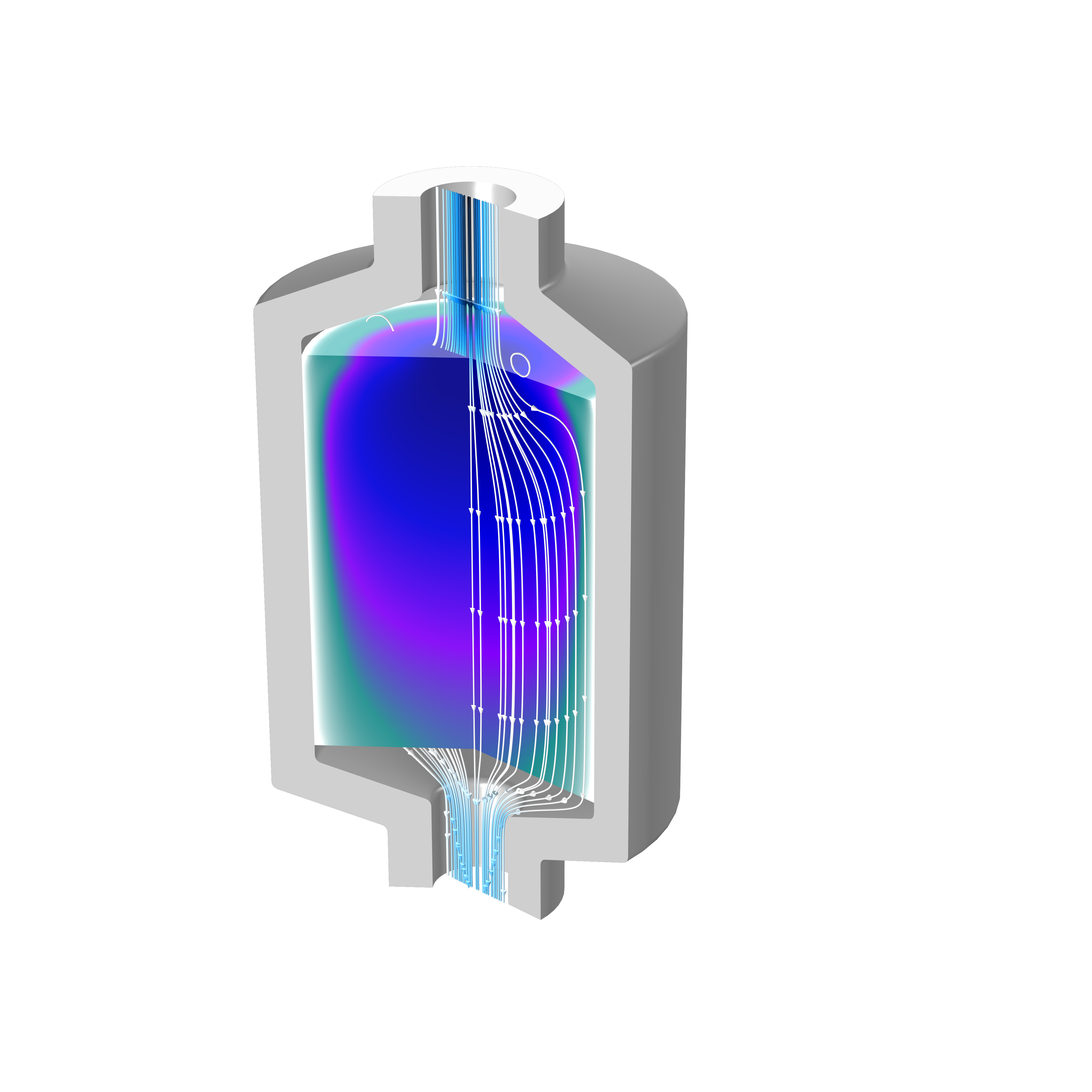 Модель пористого реактора, на которой корпус показан серым цветом, поле течения в пористой среде — сине-фиолетовым градиентом, а линии тока — белым цветом.