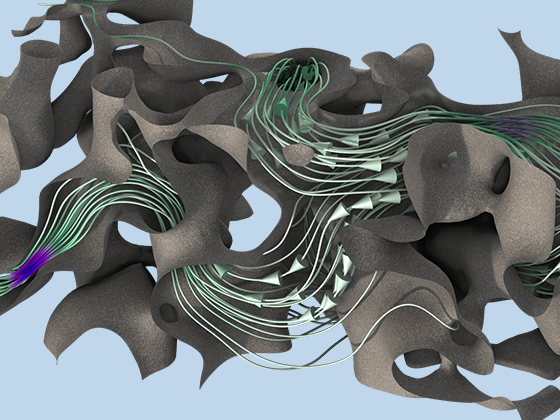 Visualizzazione dettagliata di un modello microscopico della struttura in scala dei pori con linee di flusso blu e magenta.