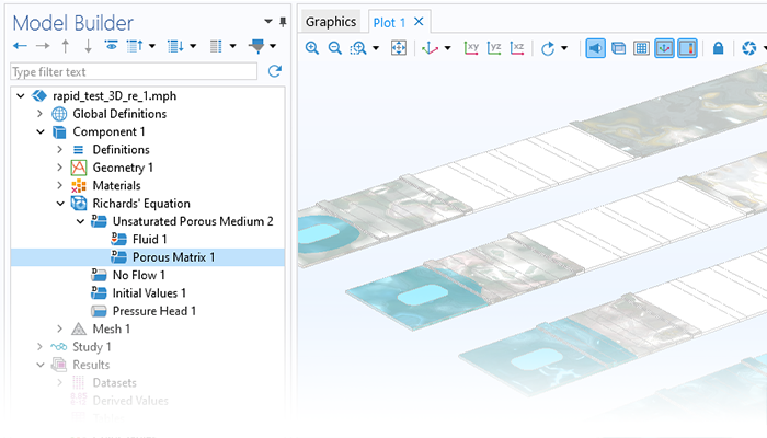 “模型开发器”特写视图，其中突出显示“理查兹方程模型”节点，“图形”窗口中显示快速检测试纸。