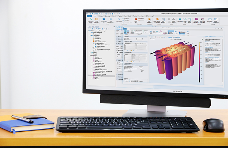 Ein Desktop-Computer mit der COMSOL Multiphysics-Benutzeroberfläche und einem Akku-Modell im Grafikfenster.