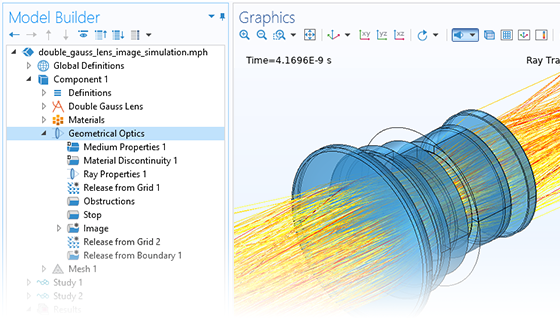 Visualizzazione in primo piano del Model Builder con il nodo Geometrical Optics evidenziato e una doppia lente Gauss nella finestra Graphics.