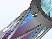 変形と光線の軌道を示すニュートン式望遠鏡モデルのクローズアップ図.