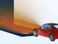 A close-up view of a car headlight with scattered rays.