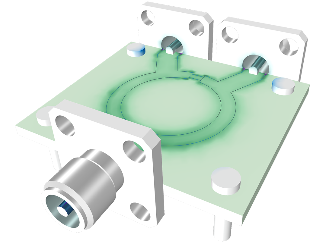 A Wilkinson power divider model with three four-hole flange SMA connectors showing the electric field between two output ports on the surface.