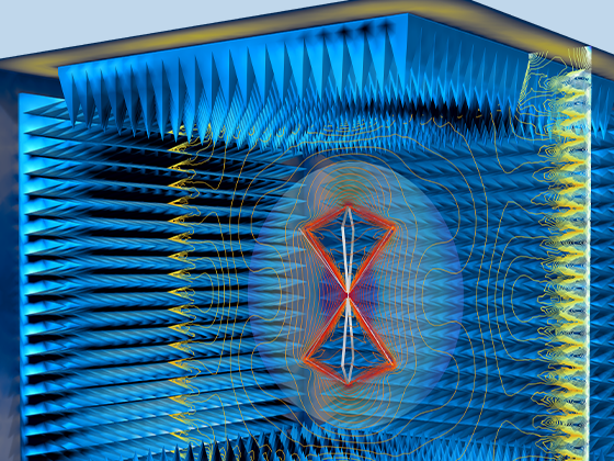 A closeup view of an anechoic chamber model showing the electric field distribution.