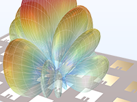 Eine Nahansicht des Modells einer Microstrip-Patch-Antenne, das das Fernfeld-Strahlungsdiagramm zeigt.
