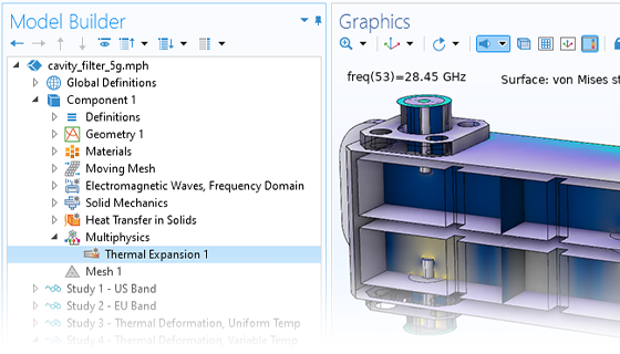A closeup view of the Model Builder with the Thermal Expansion node highlighted and a cavity filter model in the Graphics window.