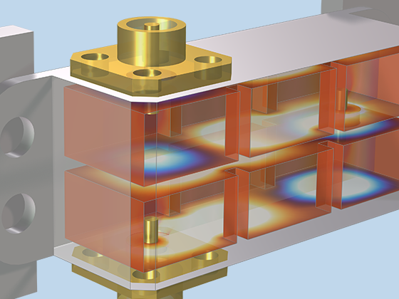 Visualizzazione in primo piano di un modello di filtro a cavità che mostra la temperatura e le sollecitazioni termiche.