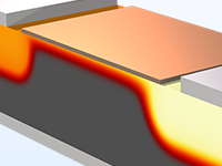 Увеличенное изображение модели полевого транзистора, на котором показано распределение концентрации электронов.