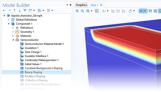 モデルビルダーとグラフィックスウィンドウの 3D バイポーラートランジスターモデルの拡大図.