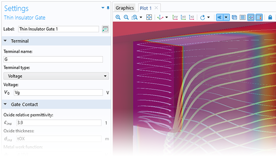 A close-up view of the Thin Insulator Gate settings and a 3D IGBT model in the Graphics window.
