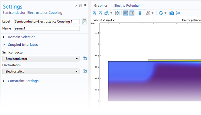 A close-up view of the Semiconductor–Electrostatics Coupling settings and a 2D model in the Graphics window.