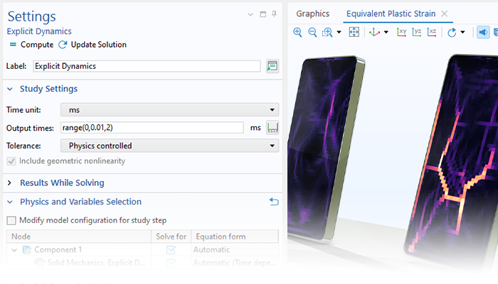 A close-up view of the Model Builder with the Explicit Dynamics node highlighted and three phones in the Graphics window.