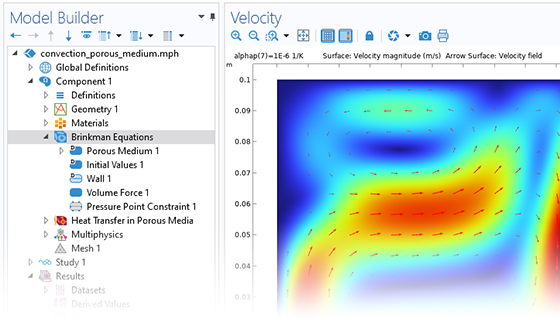 Eine Nahansicht des Model Builder mit dem ausgewählten Interface Brinkman Equations und einem Modell eines porösen Mediums, das in der Farbtabelle Rainbow im Grafikfenster angezeigt wird.