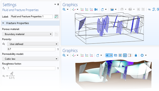 “模型开发器”的特写视图，其中突出显示“流体和裂隙属性”节点，两个“图形”窗口显示裂缝性储层模型。