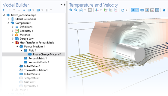 “模型开发器”的特写视图，其中突出显示“相变材料”节点，“图形”窗口中显示冰夹杂物模型。