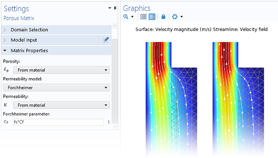 A close-up view of the Porous Matrix settings and two 2D plots in the Graphics window.