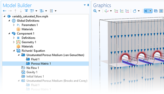 A close-up view of the Model Builder with the Porous Matrix node highlighted and a 3D model in the Graphics window.