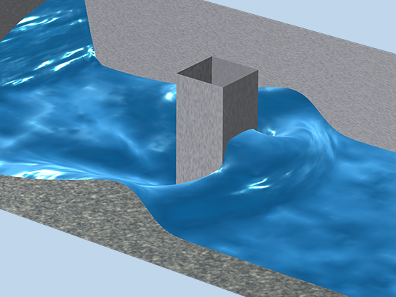 A close-up view of the impact of a water wave on a column.