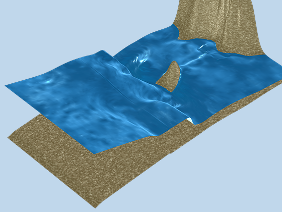 A close-up view of the water level surface of a tsunami runup model.