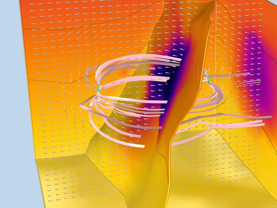 Eine Nahansicht eines geothermischen Dublettenmodells in der Wärmekamera-Farbtabelle.