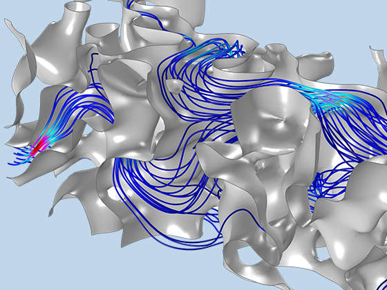 Eine Nahansicht eines mikroskopischen Modells einer Porenstruktur mit blauen und magentafarbenen Stromlinien.