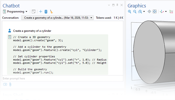 A close-up view of the Chatbot window and a cylinder model in the Graphics window.